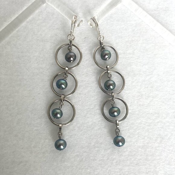 Sterling Silver 925 3" Long Round Triple Tiered Peacock Pearl Dangle Earrings - Picture 3 of 16
